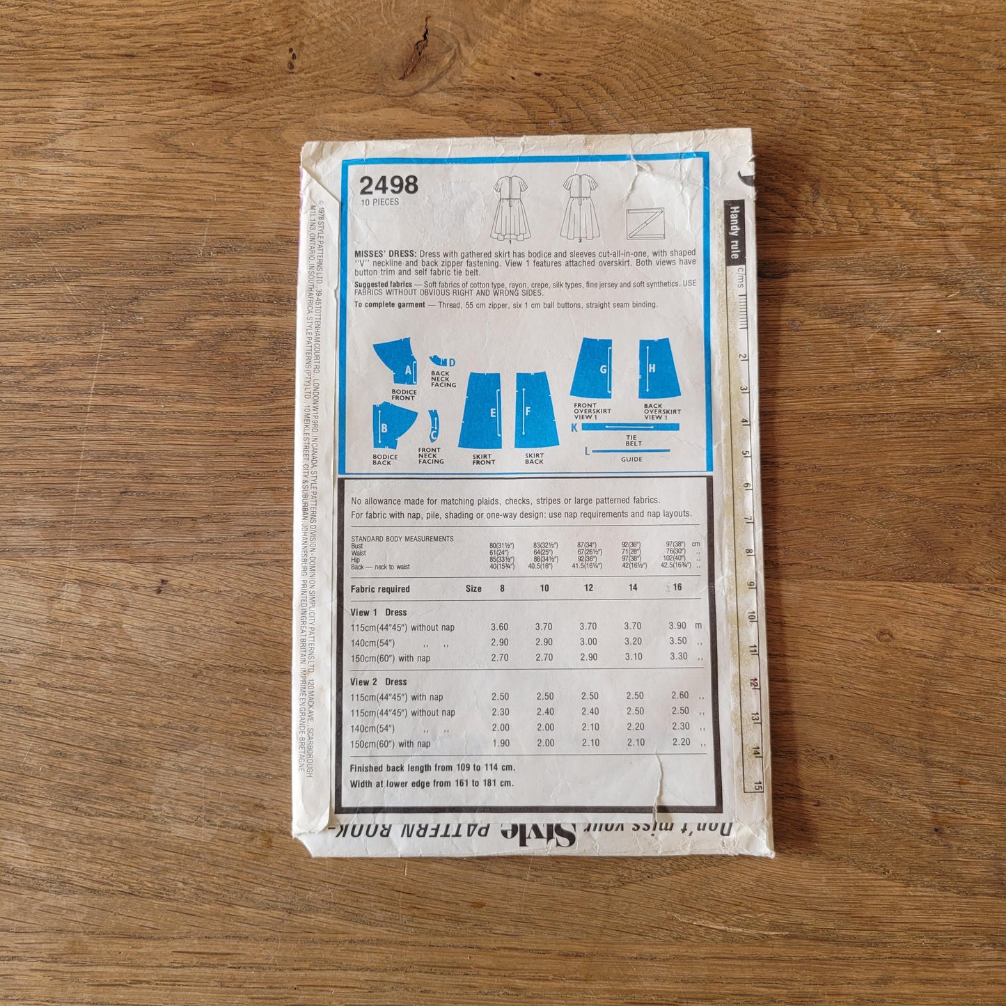 Part cut 1978 Style 2498 sewing pattern for misses' dress, size 10 (*see description below)