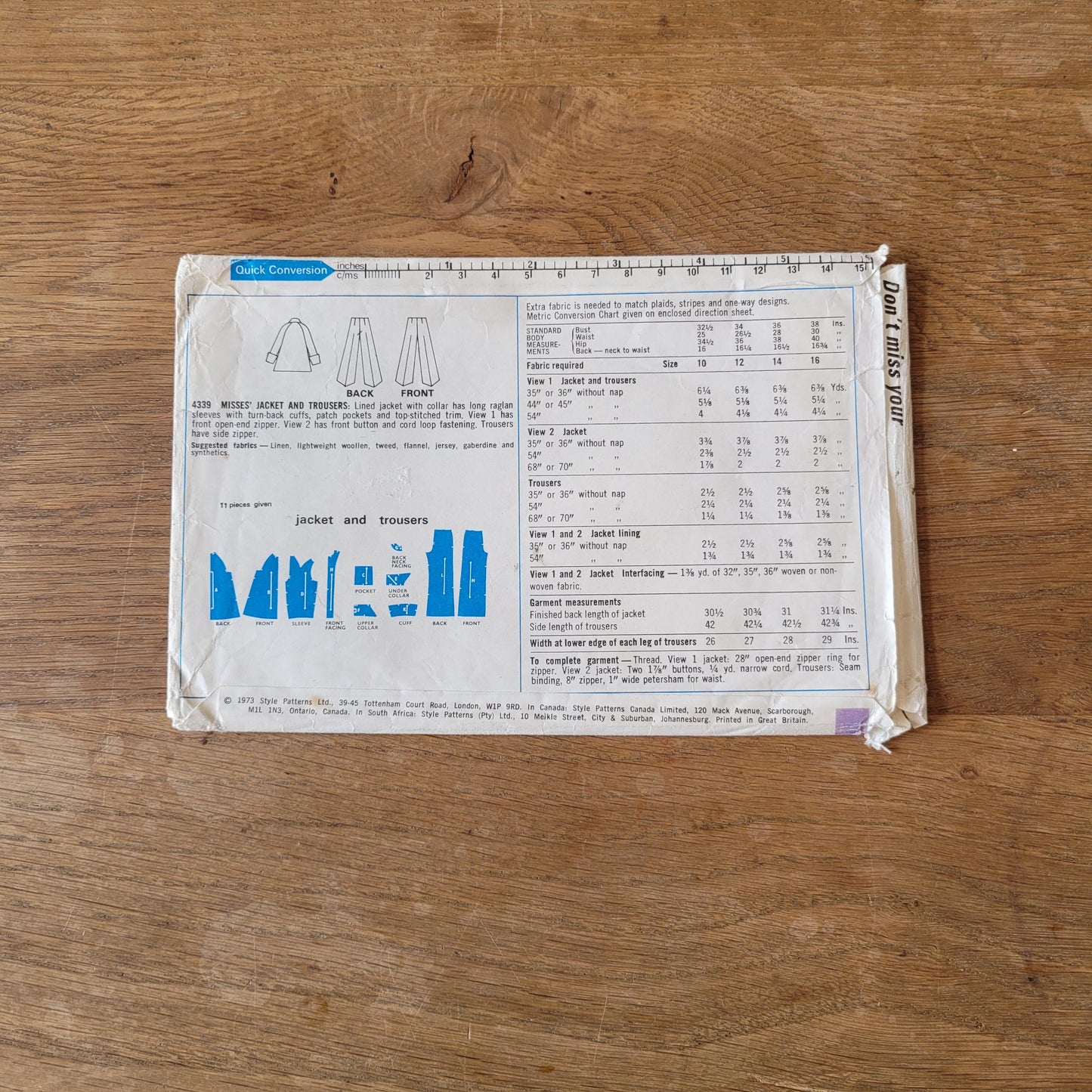 Uncut 1973 Style 4339 sewing pattern for misses' jacket and trousers (*see description below)