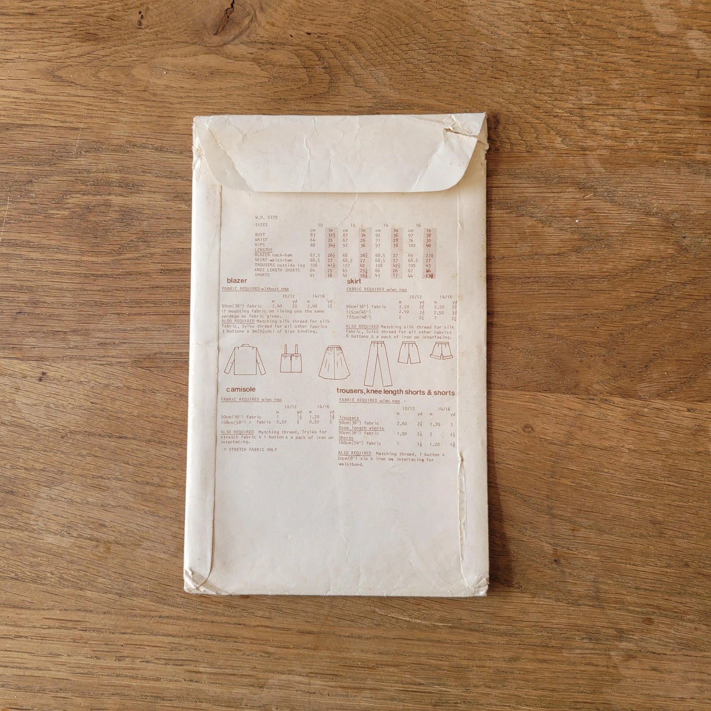 Uncut 1970s/80s Woman's Own 5279 sewing pattern for blazer, camisole, skirt, trousers, & shorts, size 10 (complete)