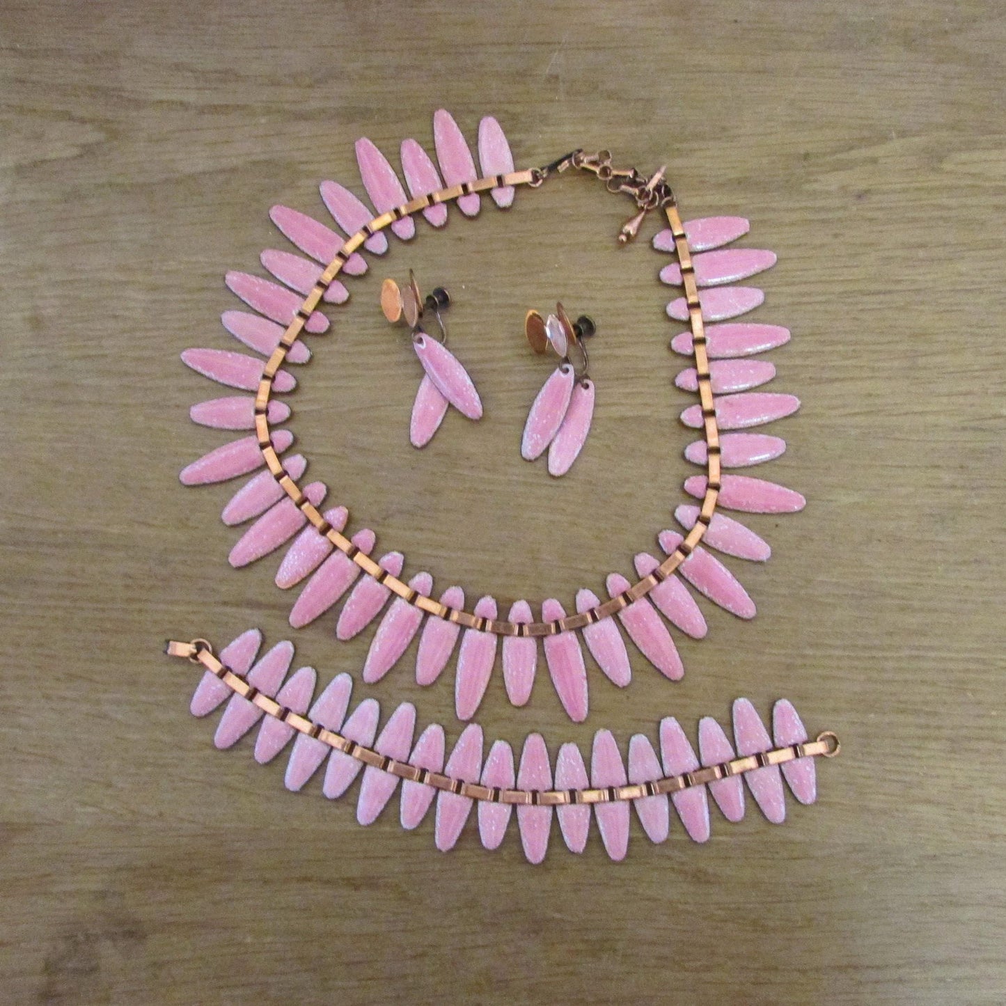 Beautiful 1950s Renoir Matisse 'Nefertiti' pink enamel copper necklace, bracelet & earring set, demi parure