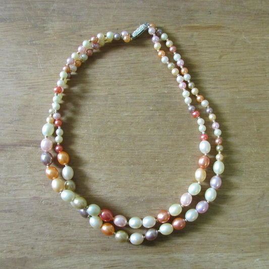 1950s orange & pink tone graduating plastic bead double strand necklace