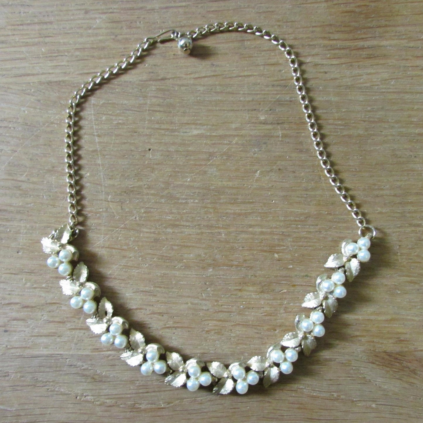 1950s Trifari-style gold-tone & faux pearl leaf necklace