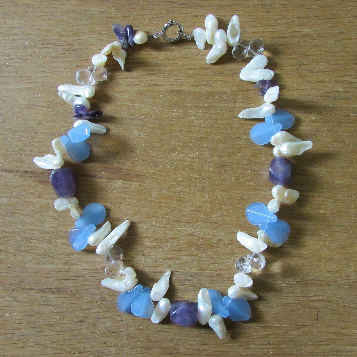 Vintage-style Ice blue, pearl & amethyst bead statement, mixed glass and shell necklace