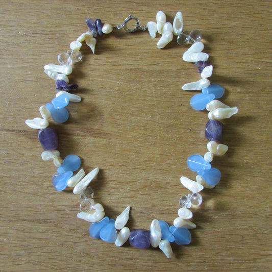 Vintage-style Ice blue, pearl & amethyst bead statement, mixed glass and shell necklace