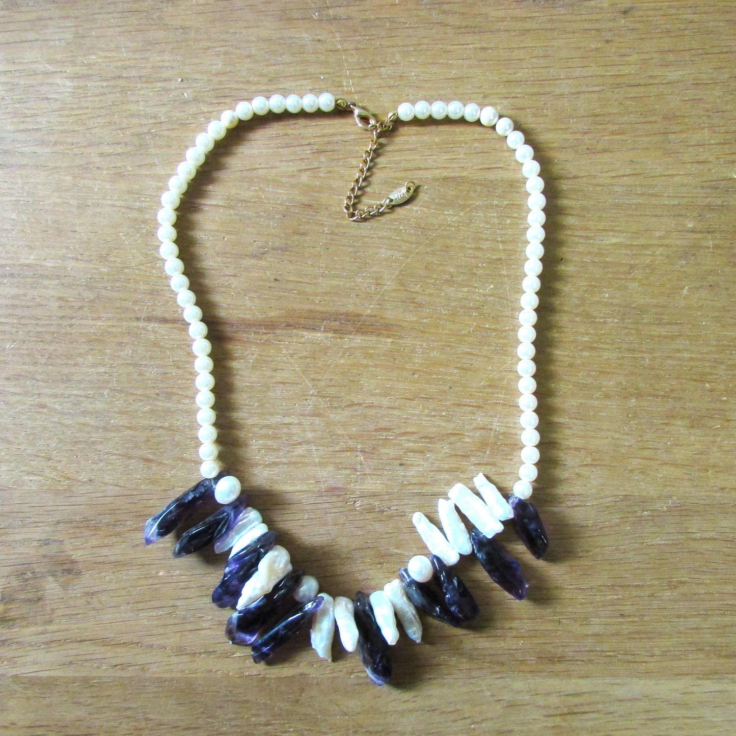 Vintage-style amethyst & pearl shard statement necklace with organic gemstone and mother of pearl design
