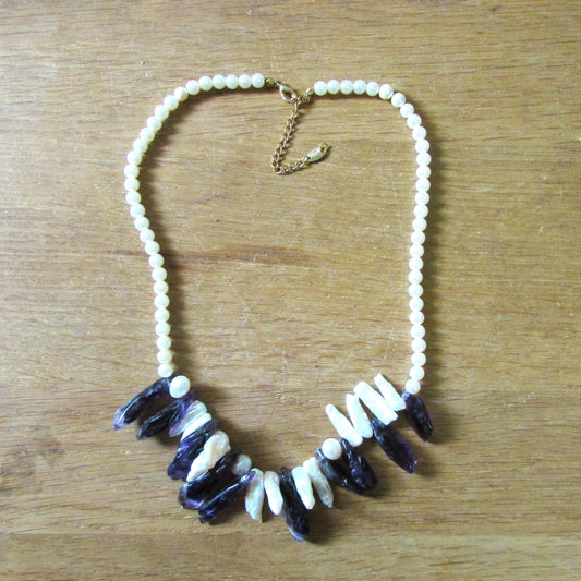 Vintage-style amethyst & pearl shard statement necklace with organic gemstone and mother of pearl design