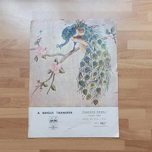 Unused vintage Briggs 15444 "Peacock Panel" embroidery transfer