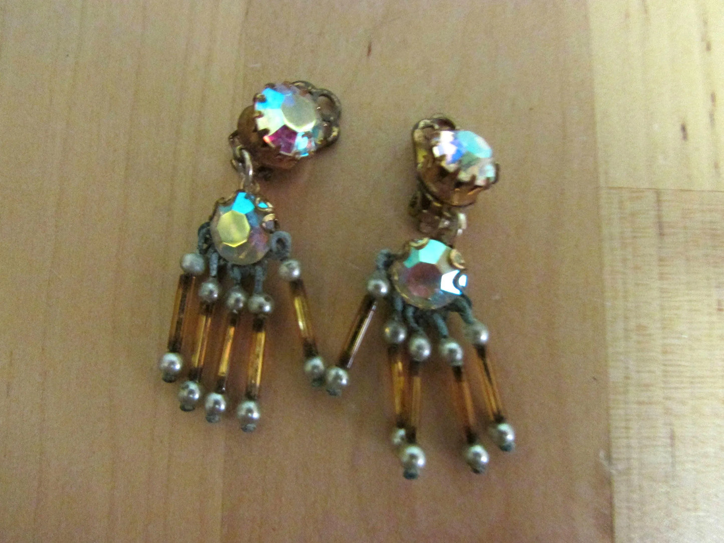 Vintage rhinestone & bugle bead drop clip-on earrings