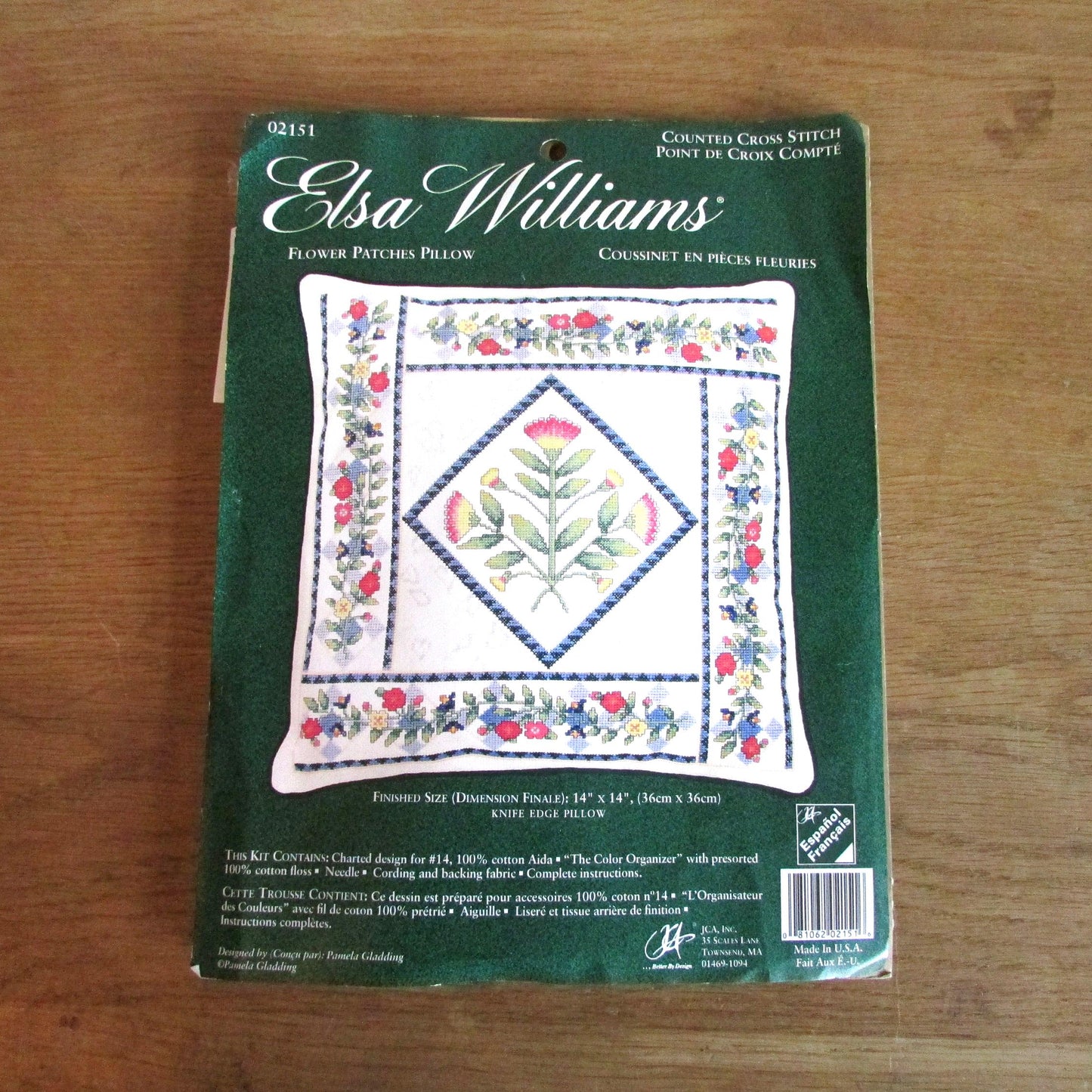 Vintage Elsa Williams 02151 counted cross stitch kit "Flower Patches Pillow", designed by Pamela Gladding
