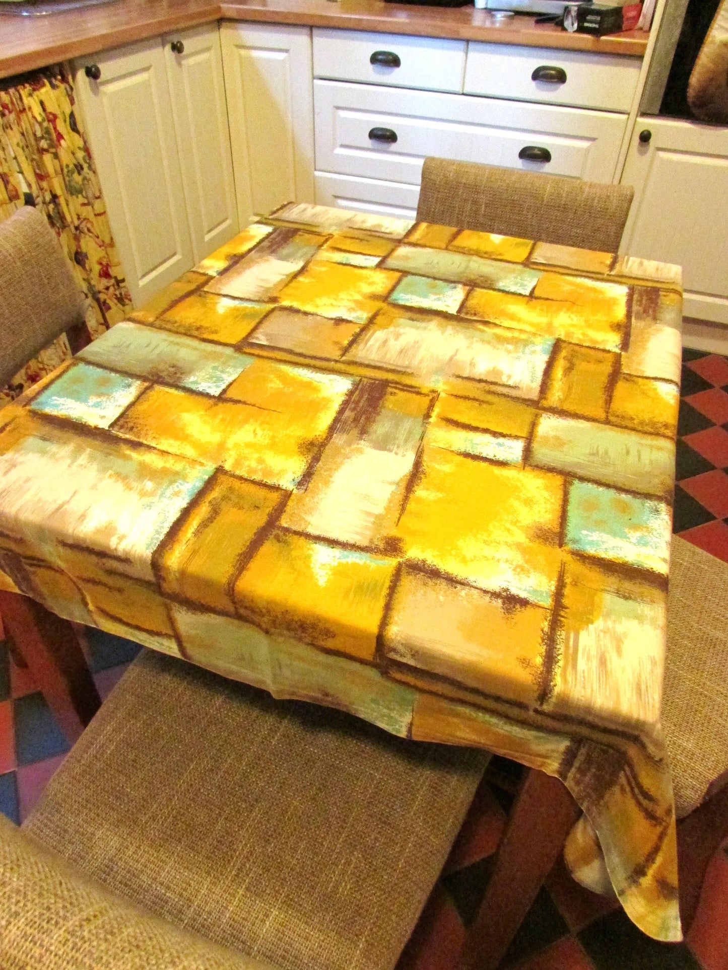 Vintage Duro screen printed mustard & green tone abstract pattern table cloth
