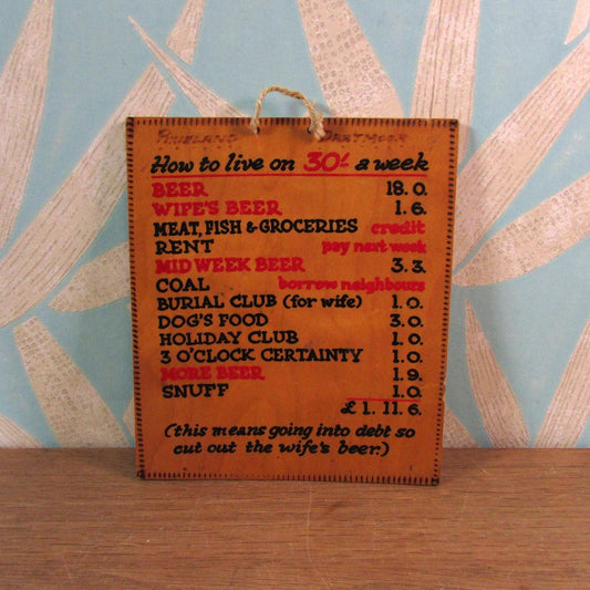 Vintage "How to Live on 30/- a Week" wooden novelty spend list from Pixieland, Dartmoor