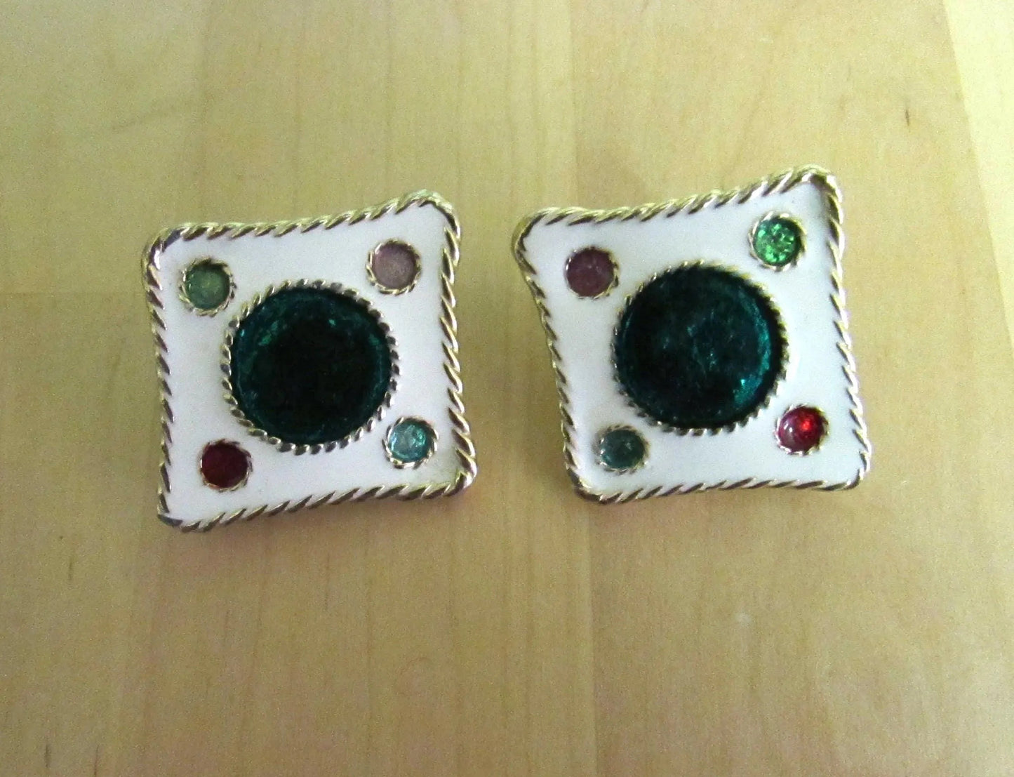 1980s heavy square enamel inlaid coloured spots statement clip-on earrings, gold-tone edgings