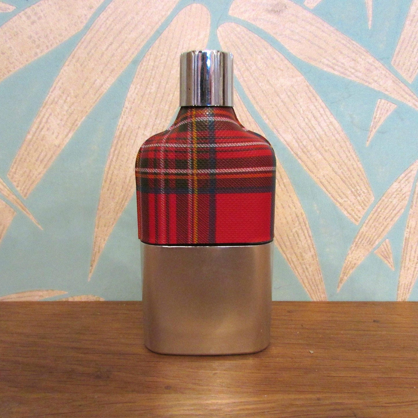 Vintage red tartan & glass hip flask with metal cup and cap