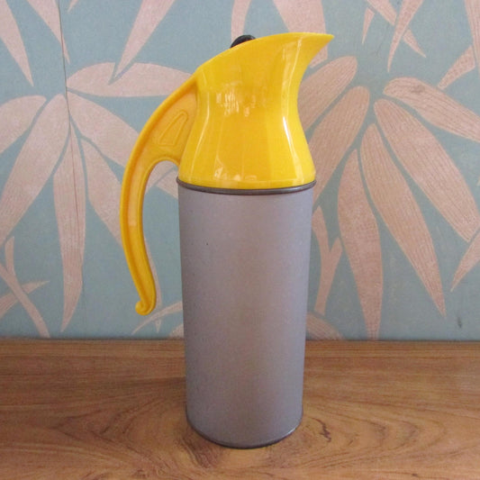 Vintage British Vacuum Flask Co Ltd yellow & grey jug flask with lemon squeezer stopper