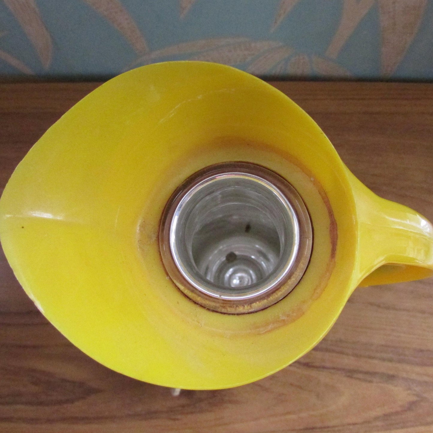Vintage British Vacuum Flask Co Ltd yellow & grey jug flask with lemon squeezer stopper