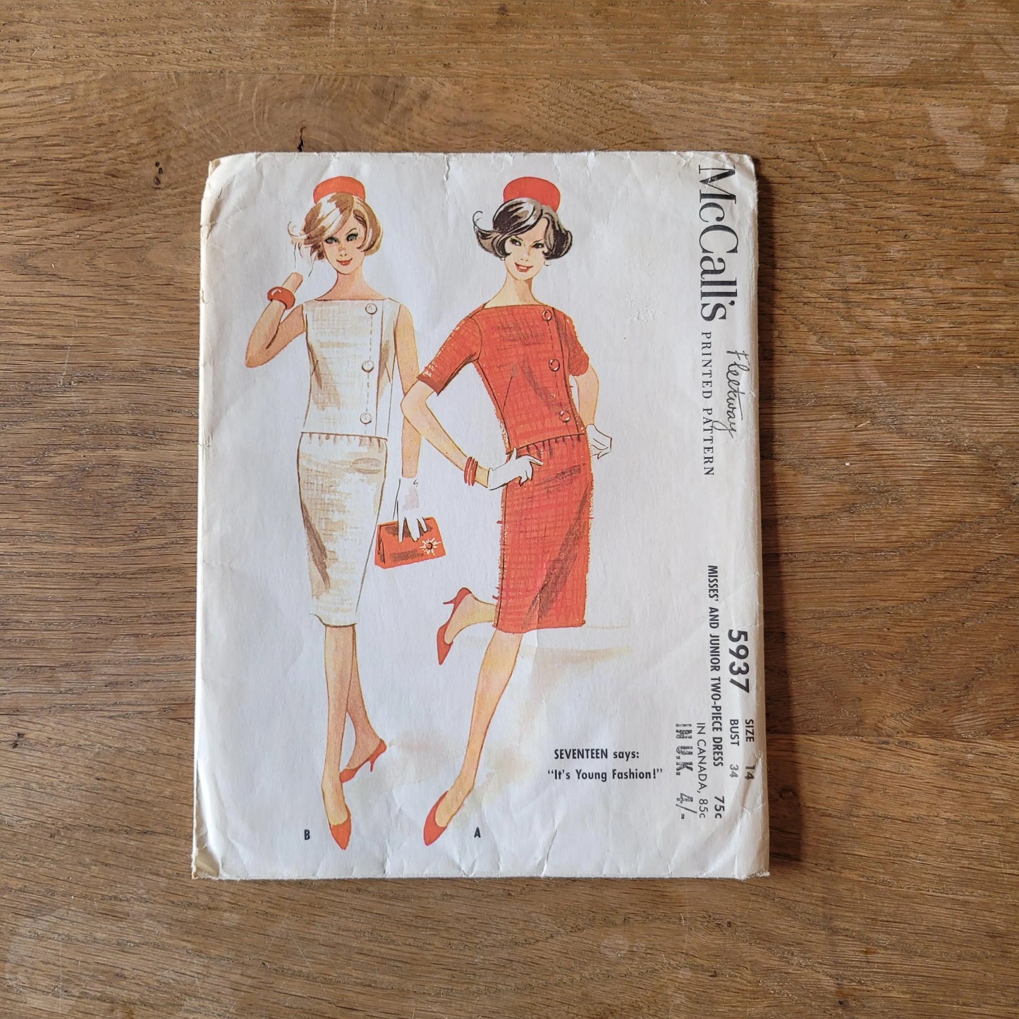 Uncut 1961 McCall's 5937 sewing pattern for misses' & junior two-piece dress, size 14 (complete)