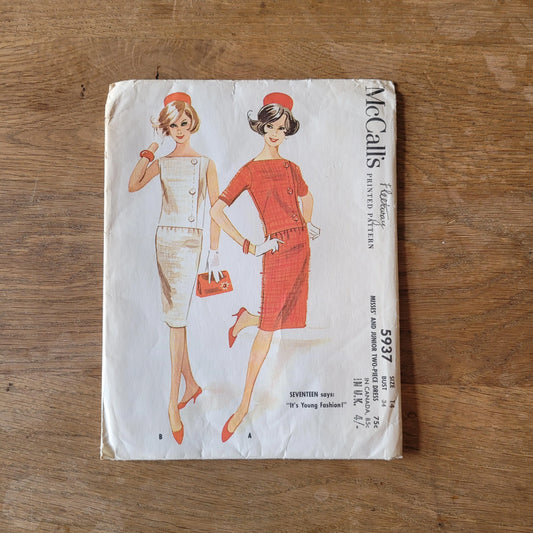 Uncut 1961 McCall's 5937 sewing pattern for misses' & junior two-piece dress, size 14 (complete)
