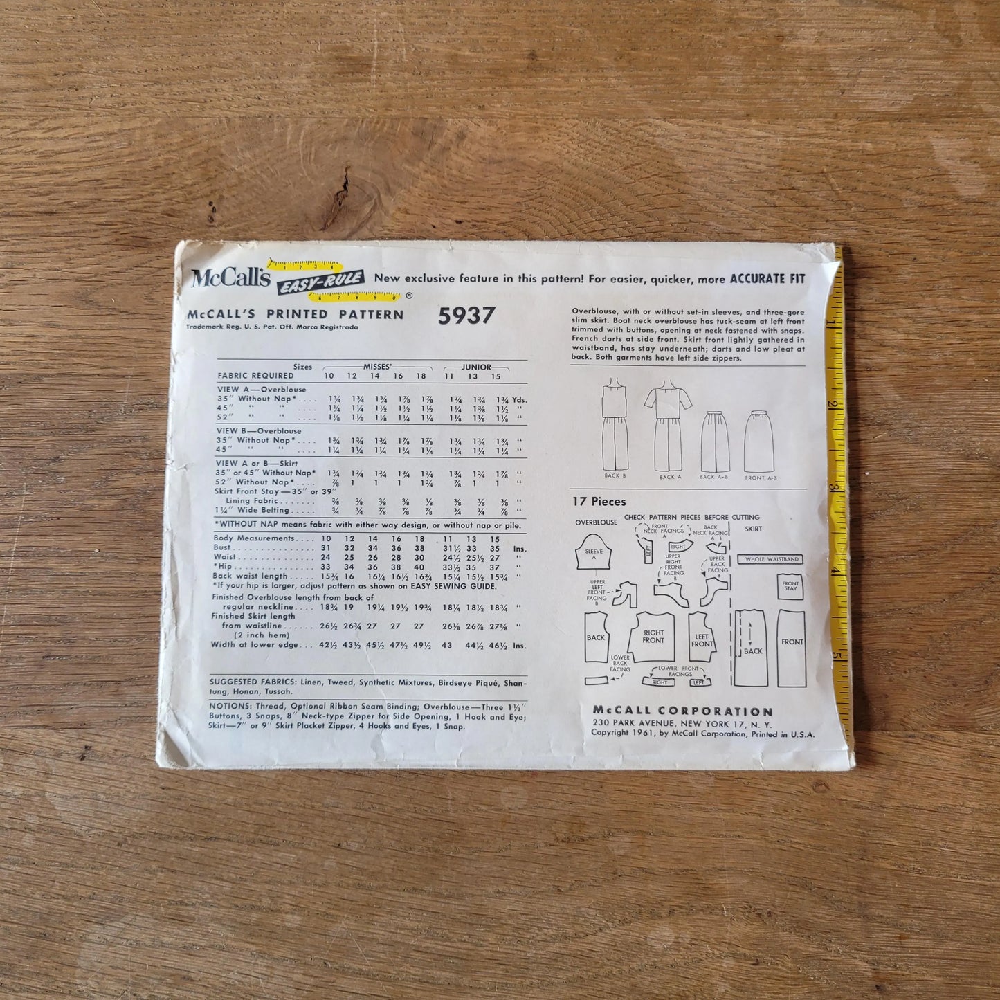 Uncut 1961 McCall's 5937 sewing pattern for misses' & junior two-piece dress, size 14 (complete)