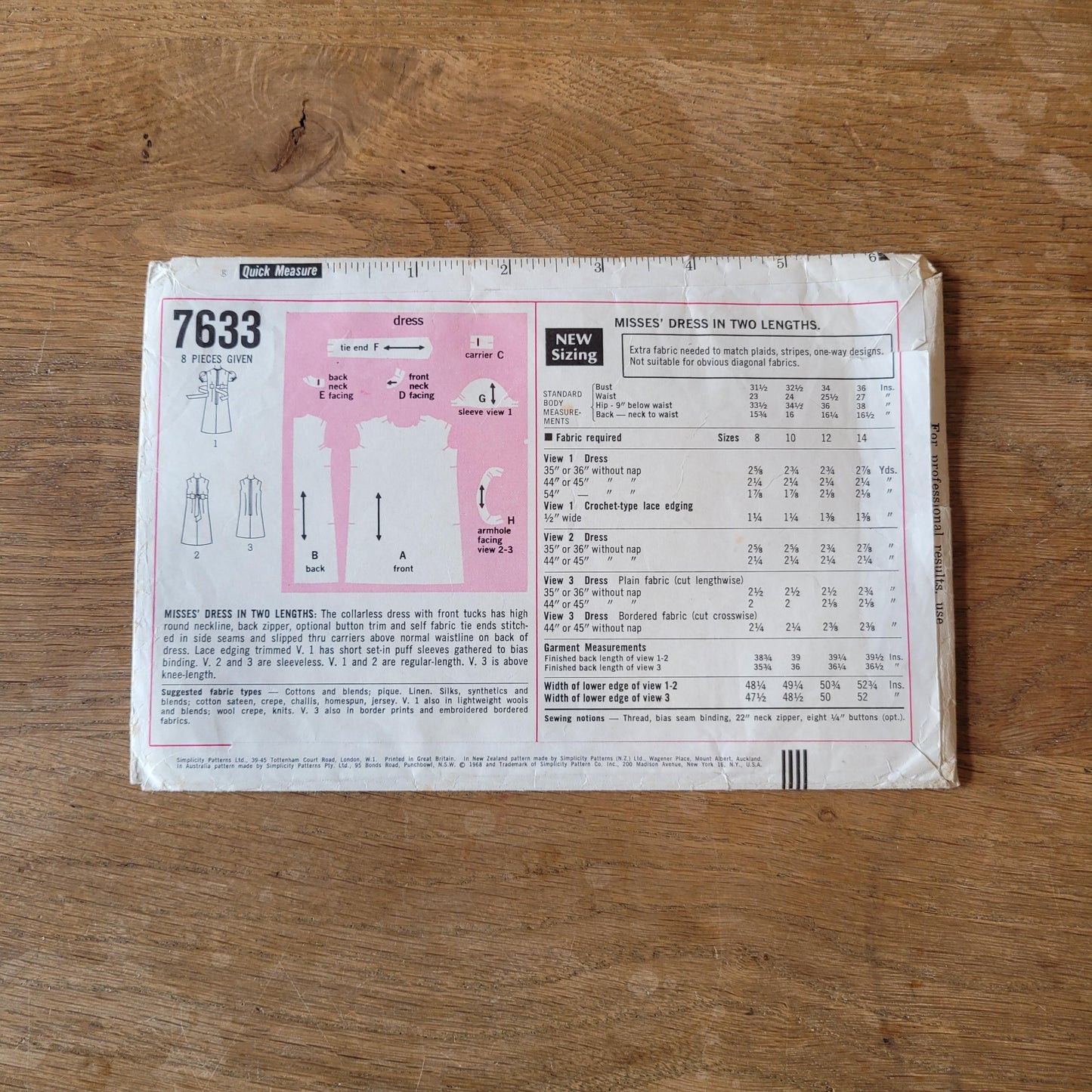 Part cut 1968 Simplicity 7633 sewing pattern for misses' dress in two lengths, size 12 (complete)