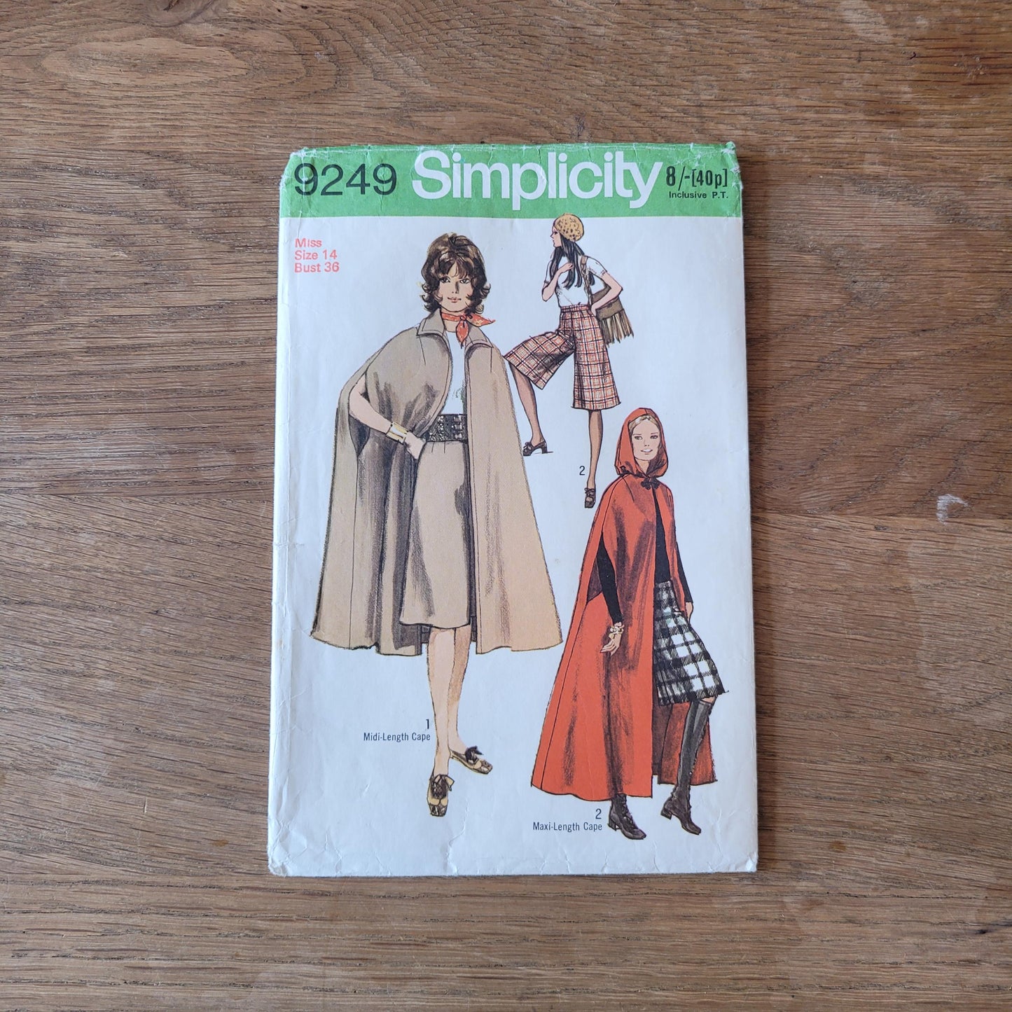 Part cut 1971 Simplicity 9249 sewing pattern for misses' gaucho pants (complete, *cape pattern missing)