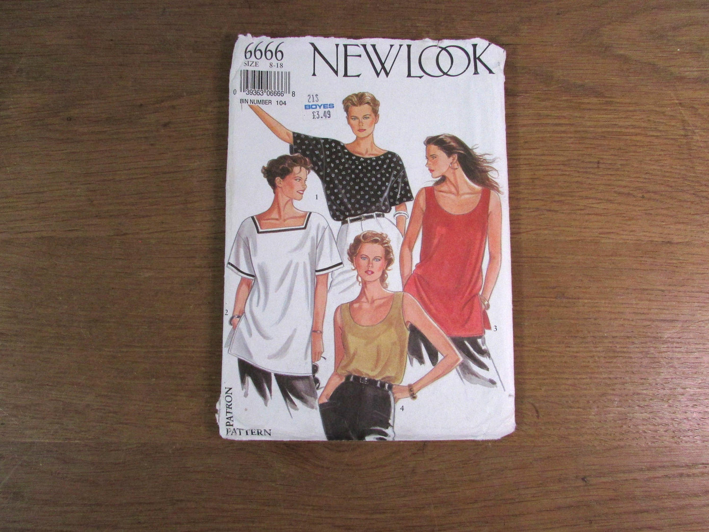 Uncut 1980s New Look 6666 sewing pattern for lady's tops, sizes 8-18 (complete)