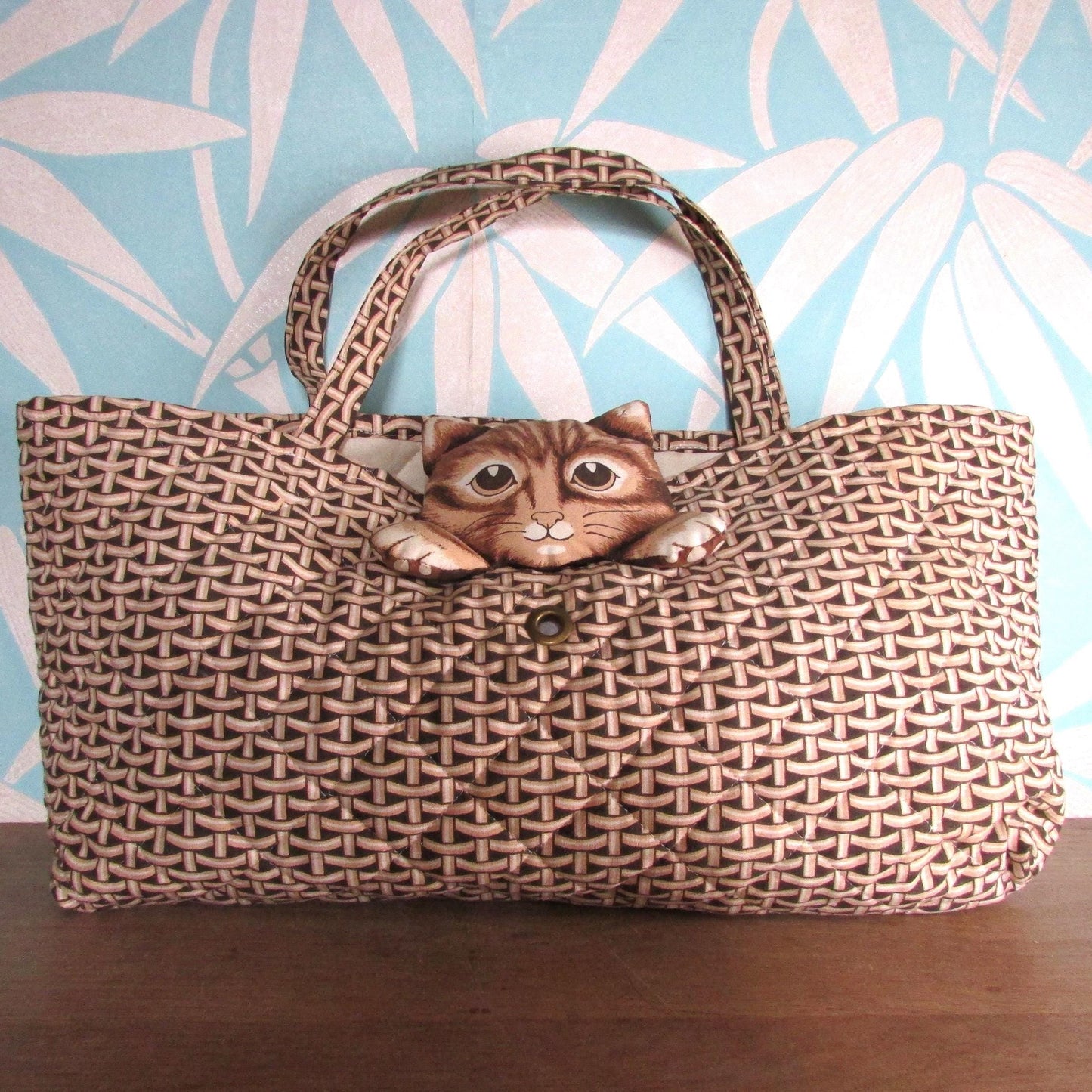 1970s plush cat knitting bag by Anne Wilkinson Designs Ltd for World Wildlife Fund