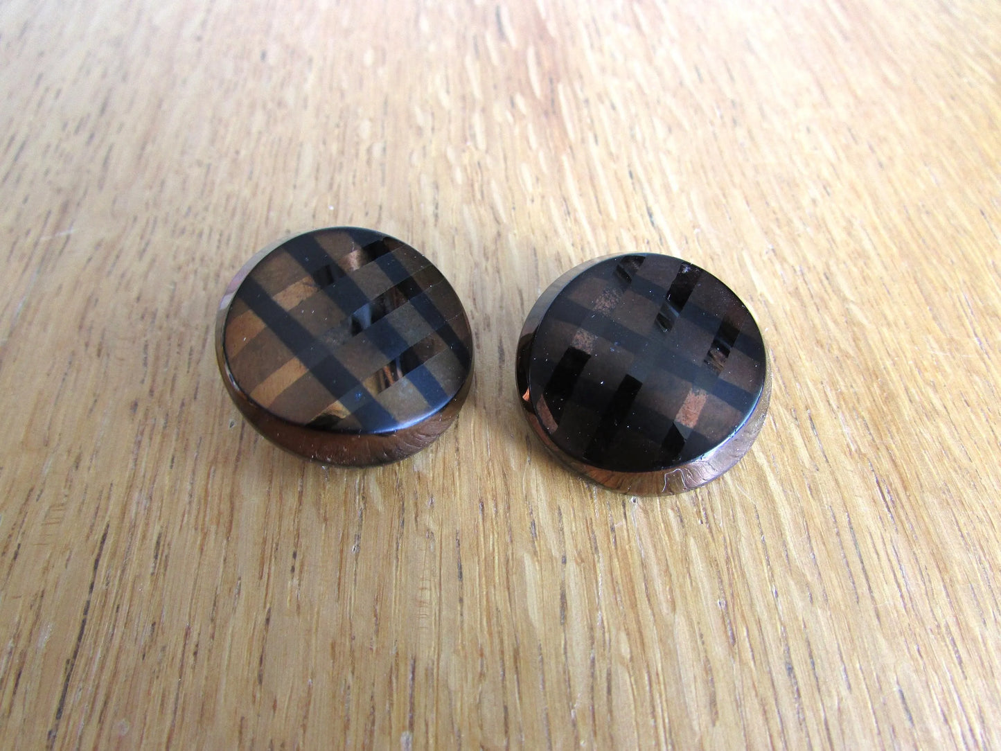 Mid-century bronze tones plaid rounded glass clip-on earrings
