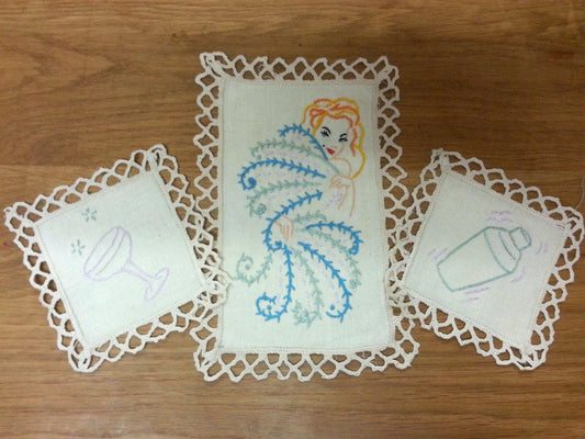 Hand-embroidered vintage dressing table mat trio, cocktail/burlesque inspired, upcycled
