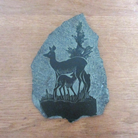 circa. 1970s slate wall plaque of doe and fawn