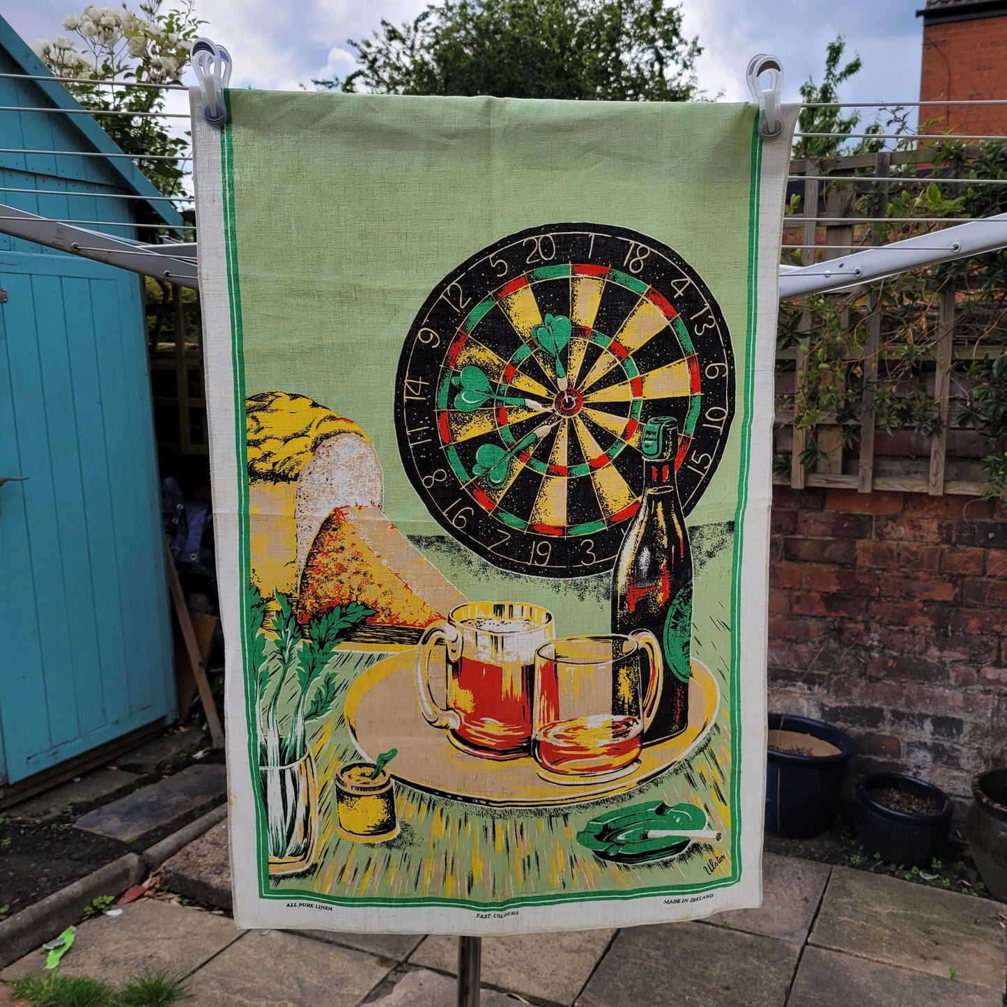 Vintage Irish linen dartboard & beer illustrated tea towel