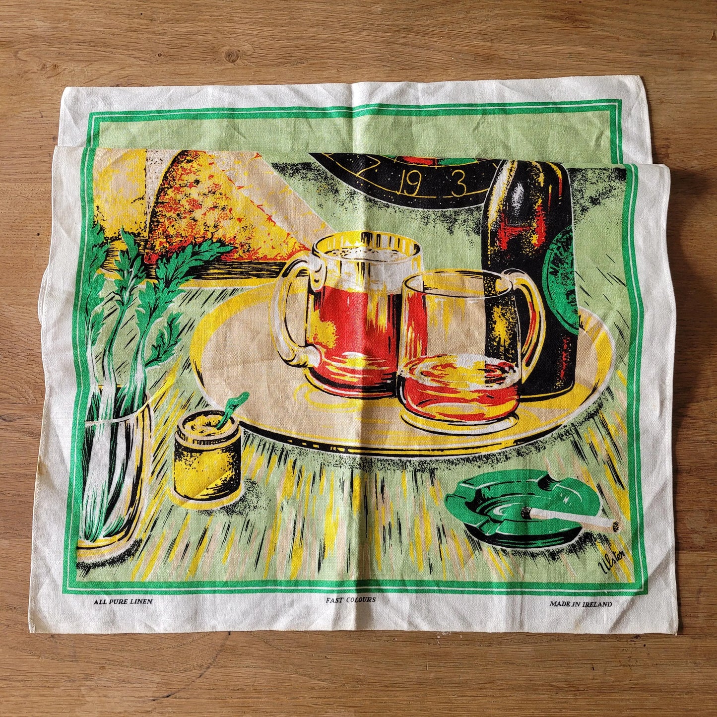 Vintage Irish linen dartboard & beer illustrated tea towel