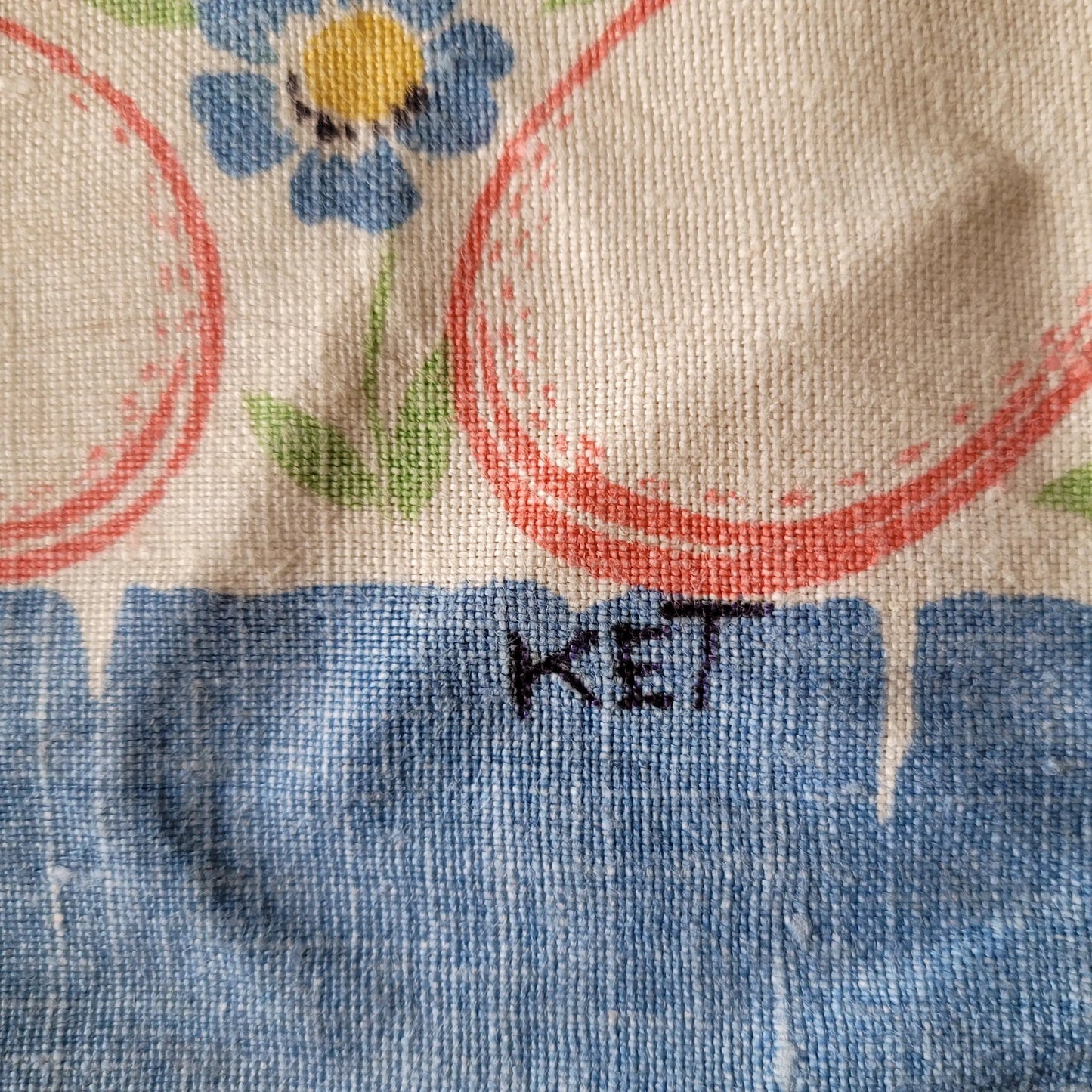 circa. 1930s Irish linen 'New laid eggs.." illustrated tea towel, signed KET