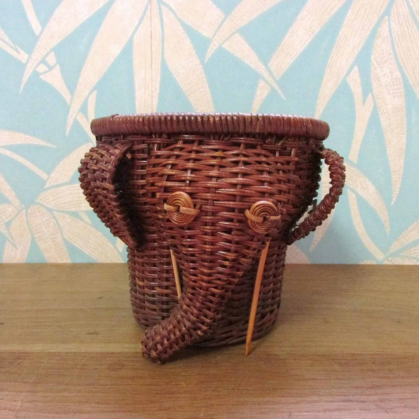 1970s wicker elephant with tusks planter/basket