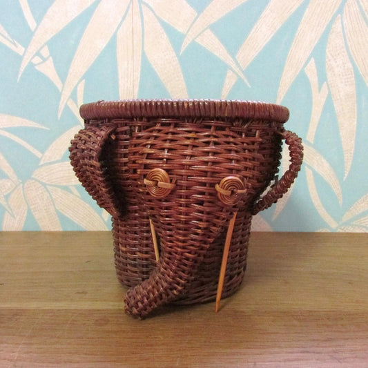 1970s wicker elephant with tusks planter/basket