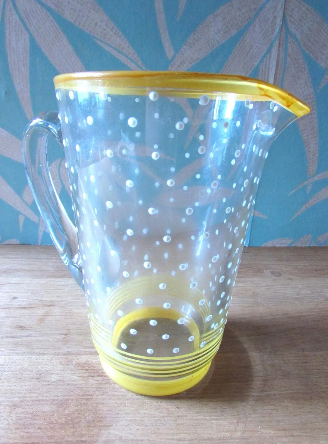 Mid-century textured heavy glass jug, yellow stripe detail