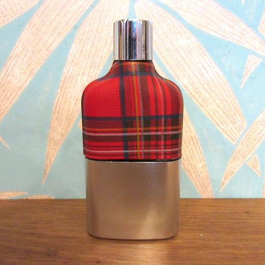 Vintage red tartan & glass hip flask with metal cup and cap