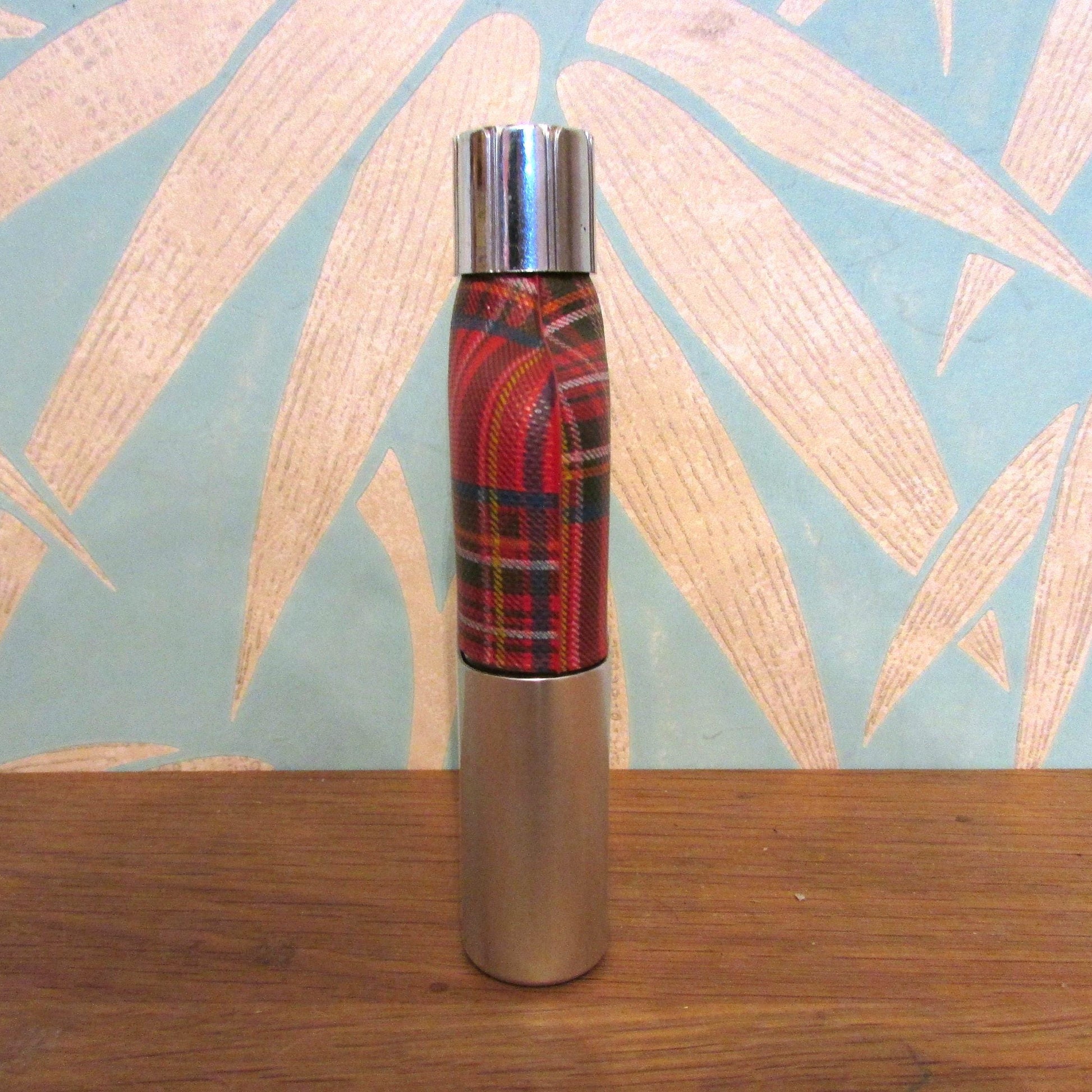 Vintage red tartan & glass hip flask with metal cup and cap