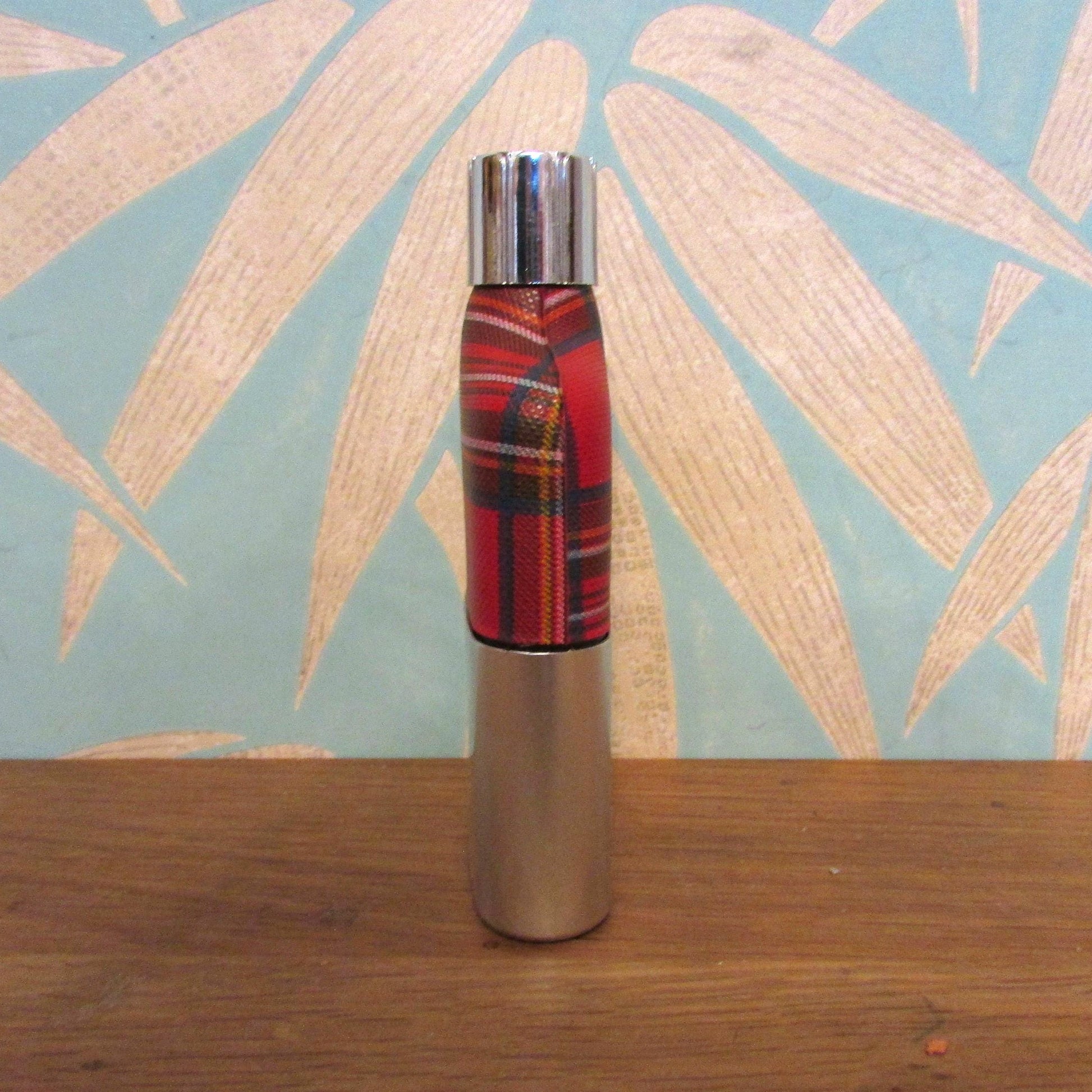 Vintage red tartan & glass hip flask with metal cup and cap