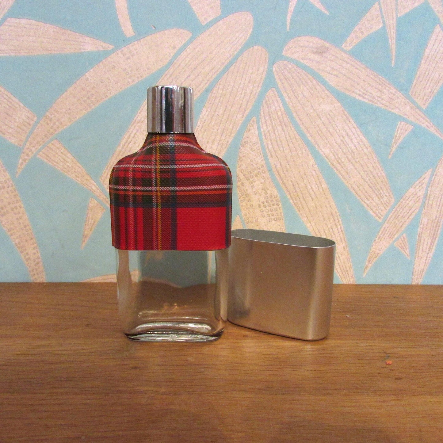 Vintage red tartan & glass hip flask with metal cup and cap