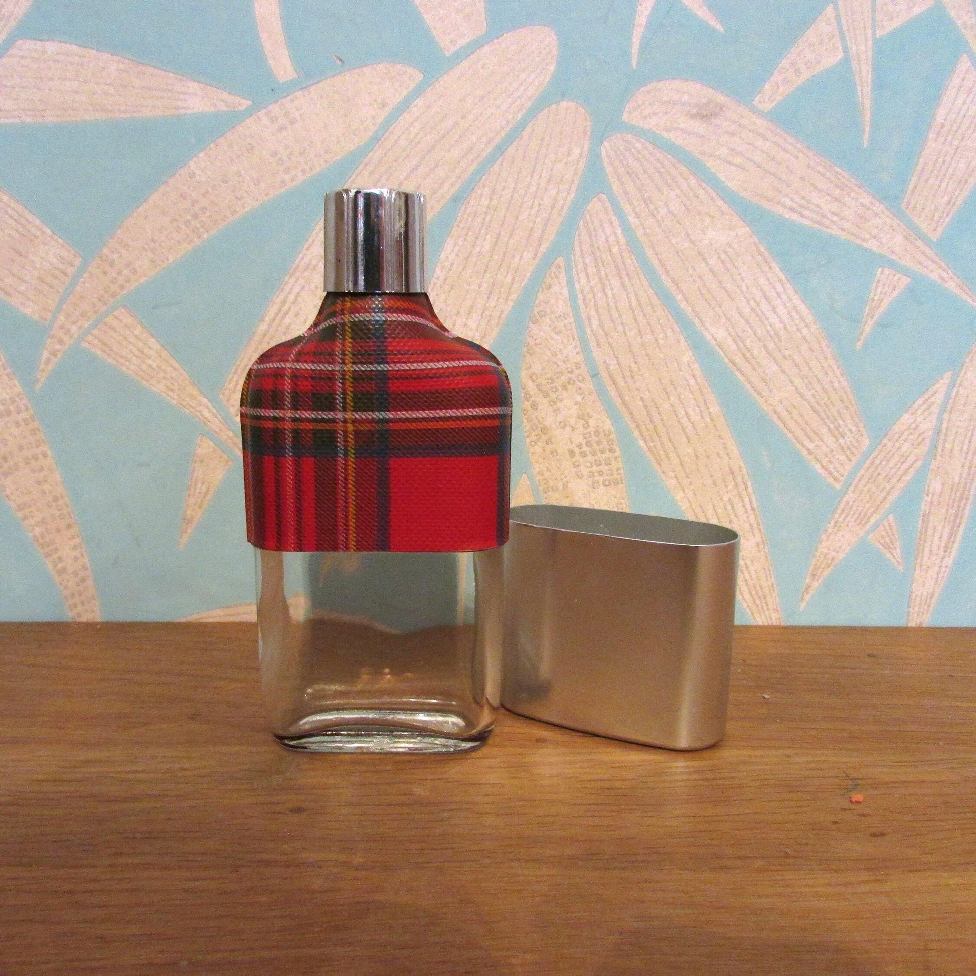 Vintage red tartan & glass hip flask with metal cup and cap