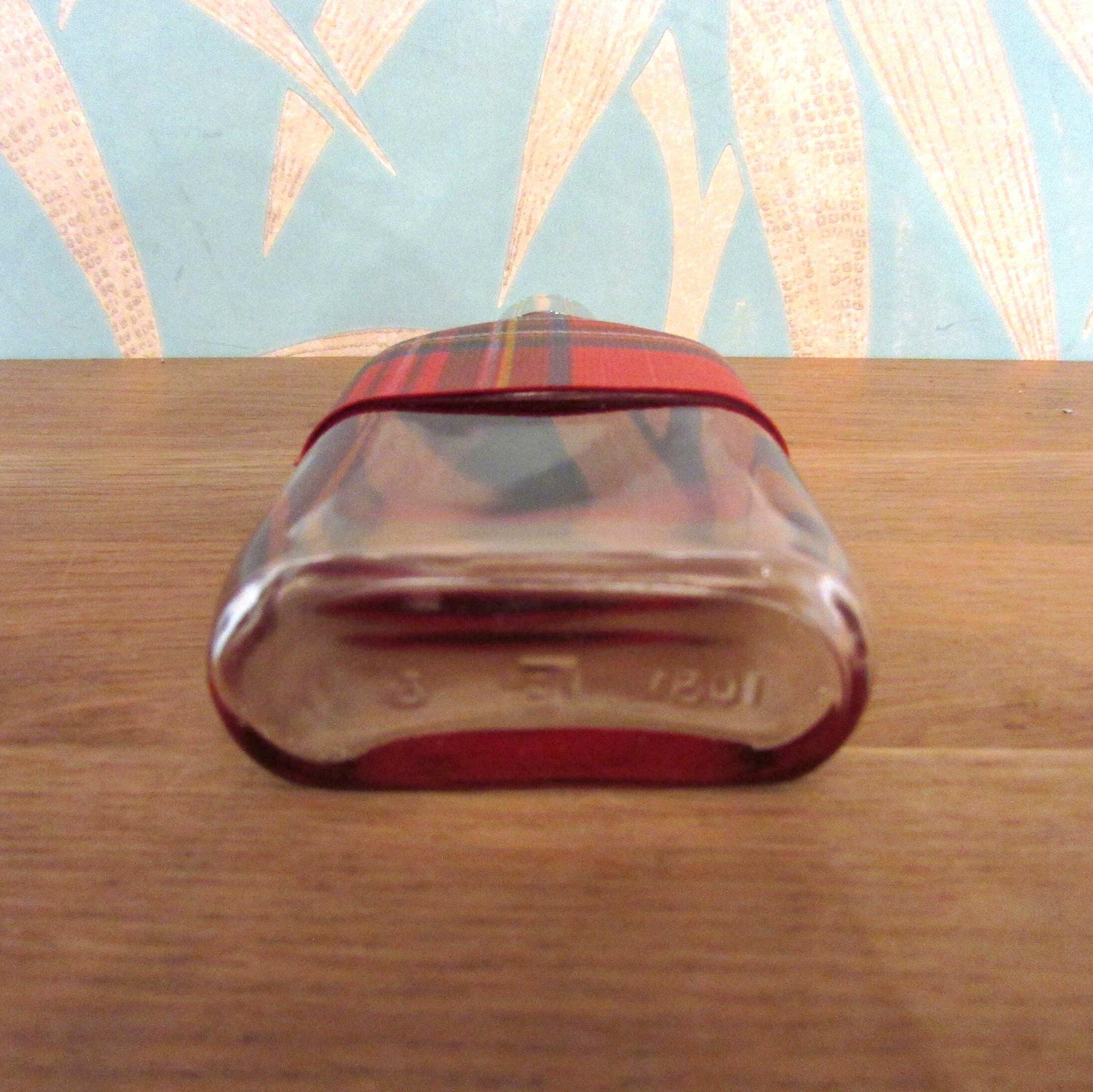 Vintage red tartan & glass hip flask with metal cup and cap