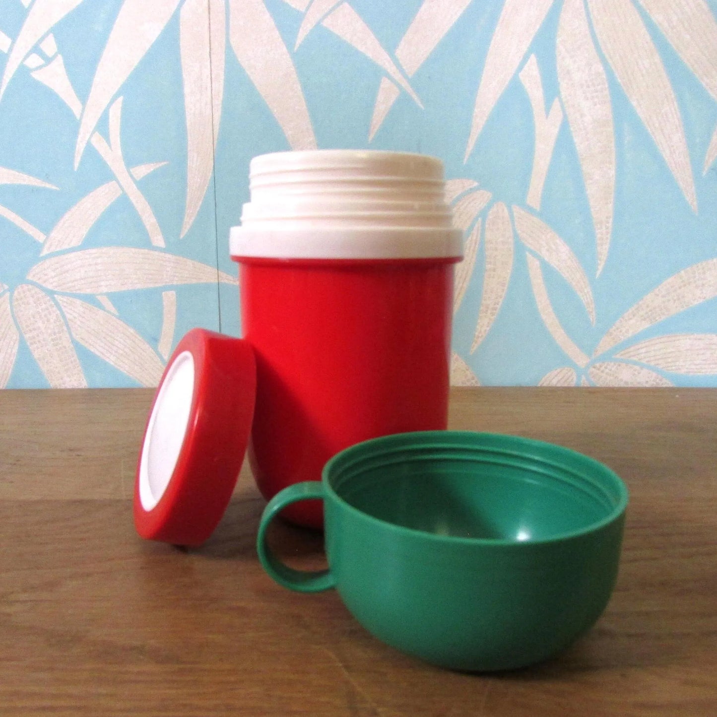 1980s red & green plastic mini travel flask