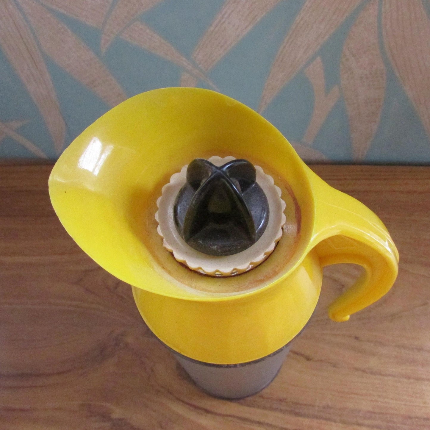 Vintage British Vacuum Flask Co Ltd yellow & grey jug flask with lemon squeezer stopper