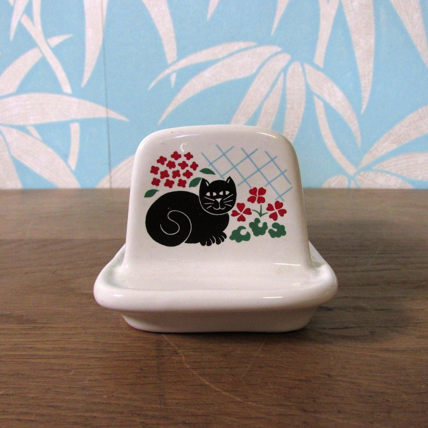 1980s Sadler ceramic toast rack depicting black cat & flowers
