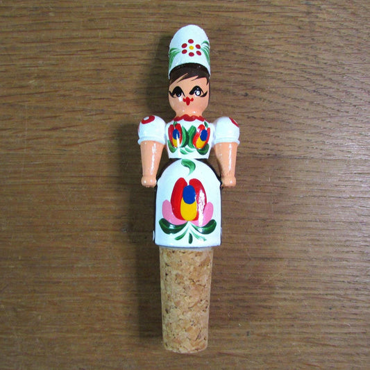 Kitsch vintage hand-painted girl in traditional folk costume cork bottle stopper