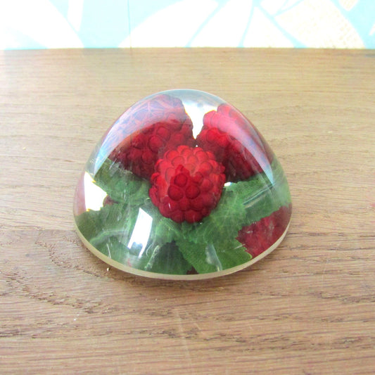 1960s kitsch acrylic domed raspberries paperweight