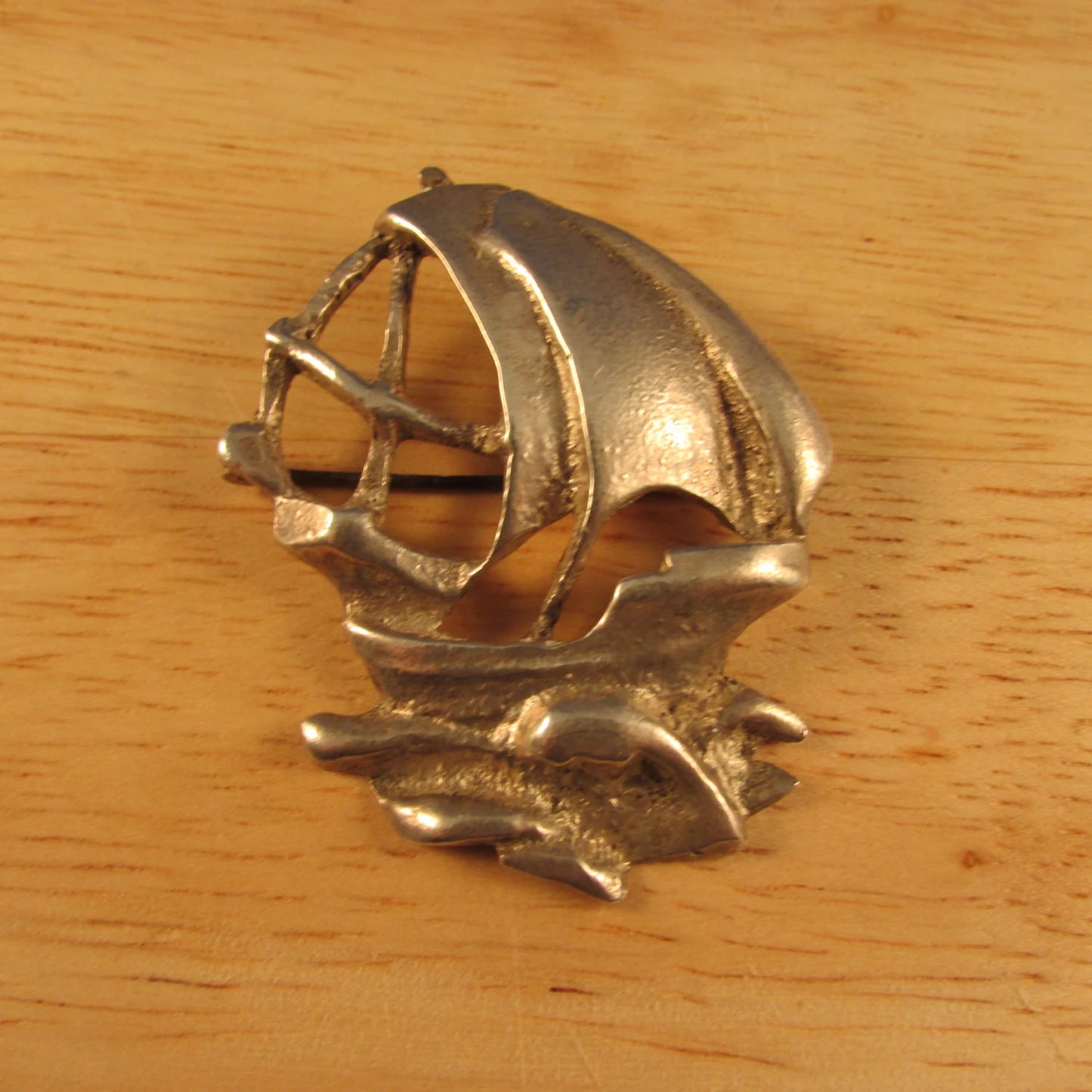 Vintage Arts & Crafts-style silver galleon brooch, stamped