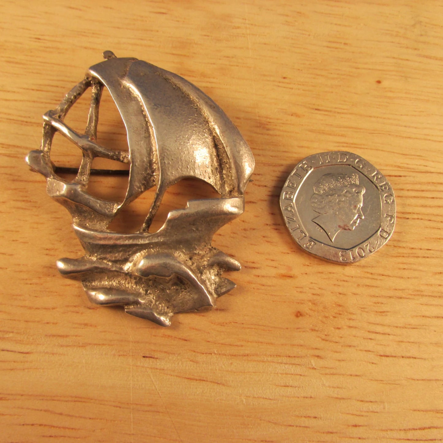 Vintage Arts & Crafts-style silver galleon brooch, stamped