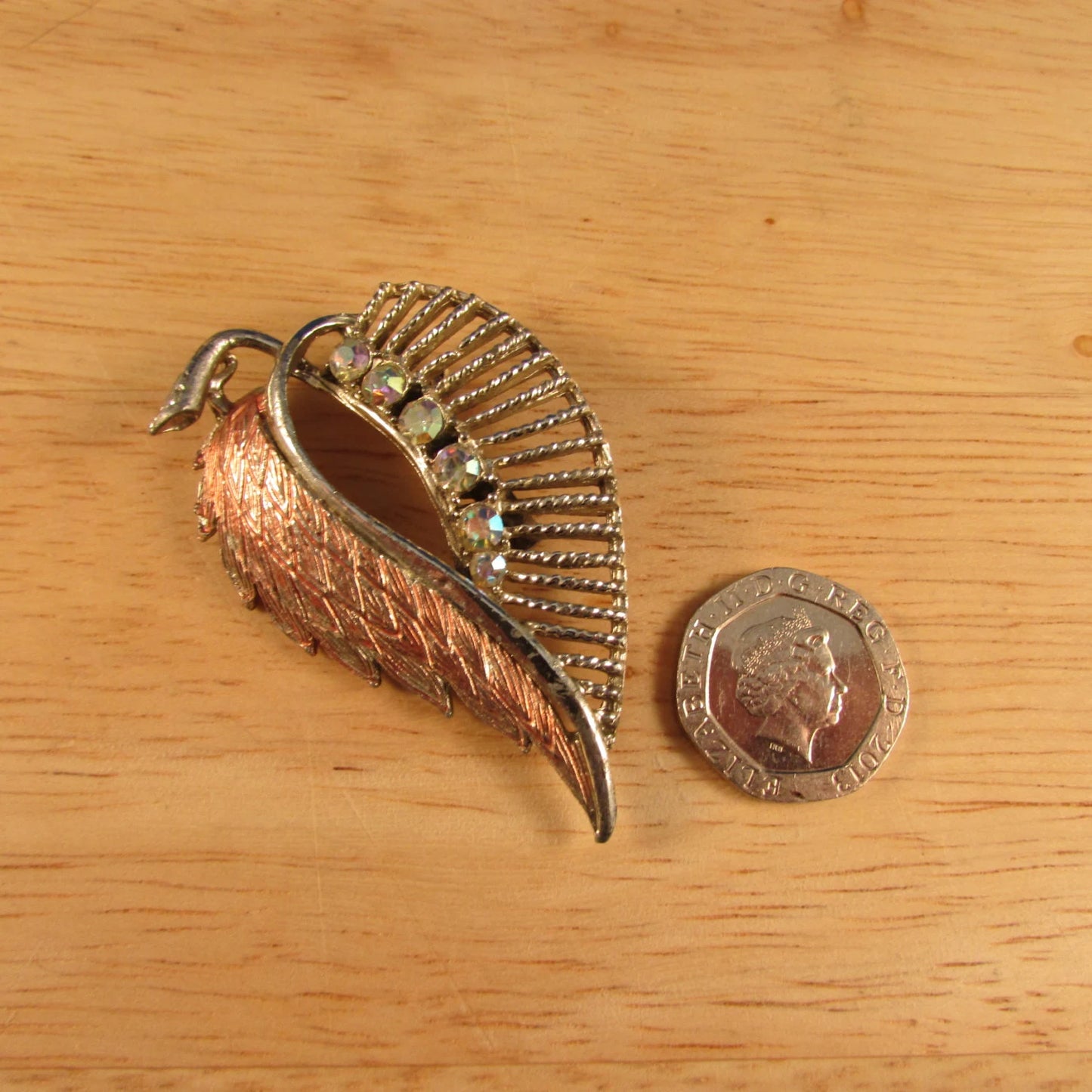 1950s silver-tone leaf brooch with Aurora Borealis stones & copper tone detail