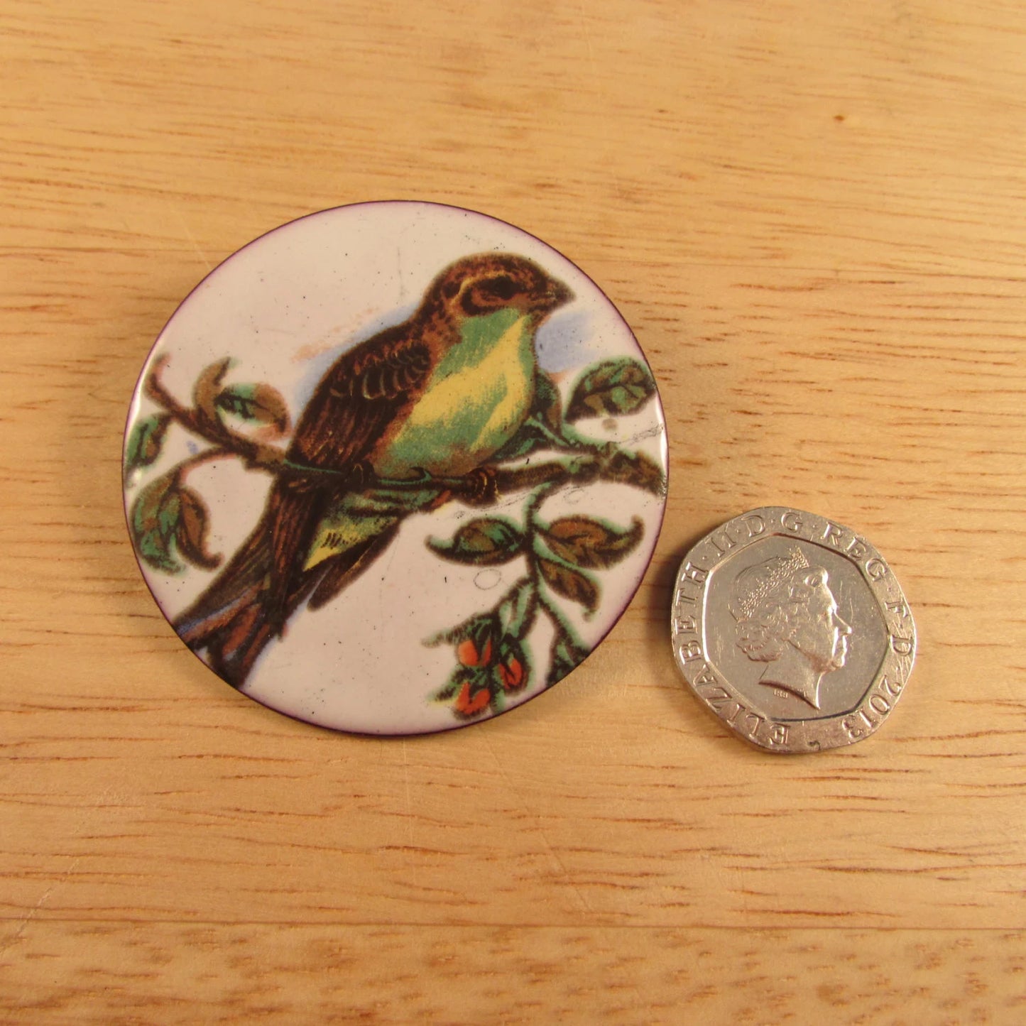 1960s handmade copper & enamel bird on branch motif brooch